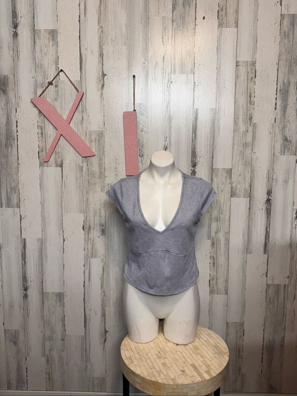 Wild Fable Ribbed Deep Plunge V-Neck Short Cap Sleeve Crop Top Periwinkle Blue X